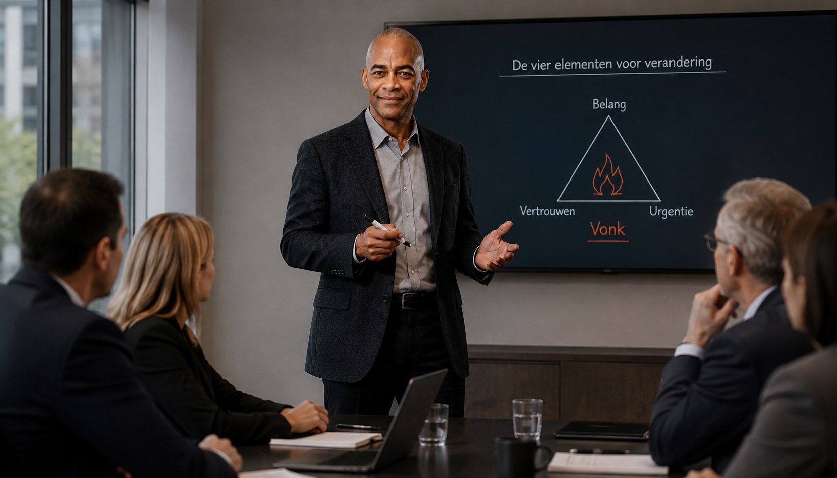 Greg Trinidad geeft training aan een team rond de tafel, met de vier elementen voor verandering op het scherm